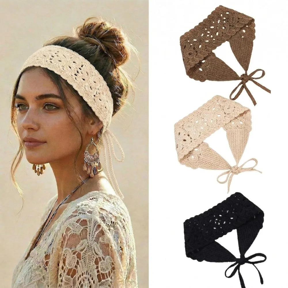 Boho Crochet Knit Headband – Handmade Hair Scarf for Women