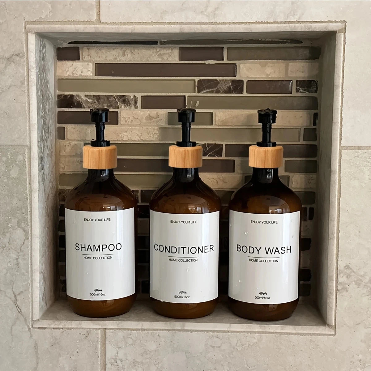 Bathroom Shampoo Dispenser Set 500ml Conditioner Body Wash Bottles Refillable Dispenser Farmhouse Decoration Storage Bottles Peaceful Pleasures Health and Wellness