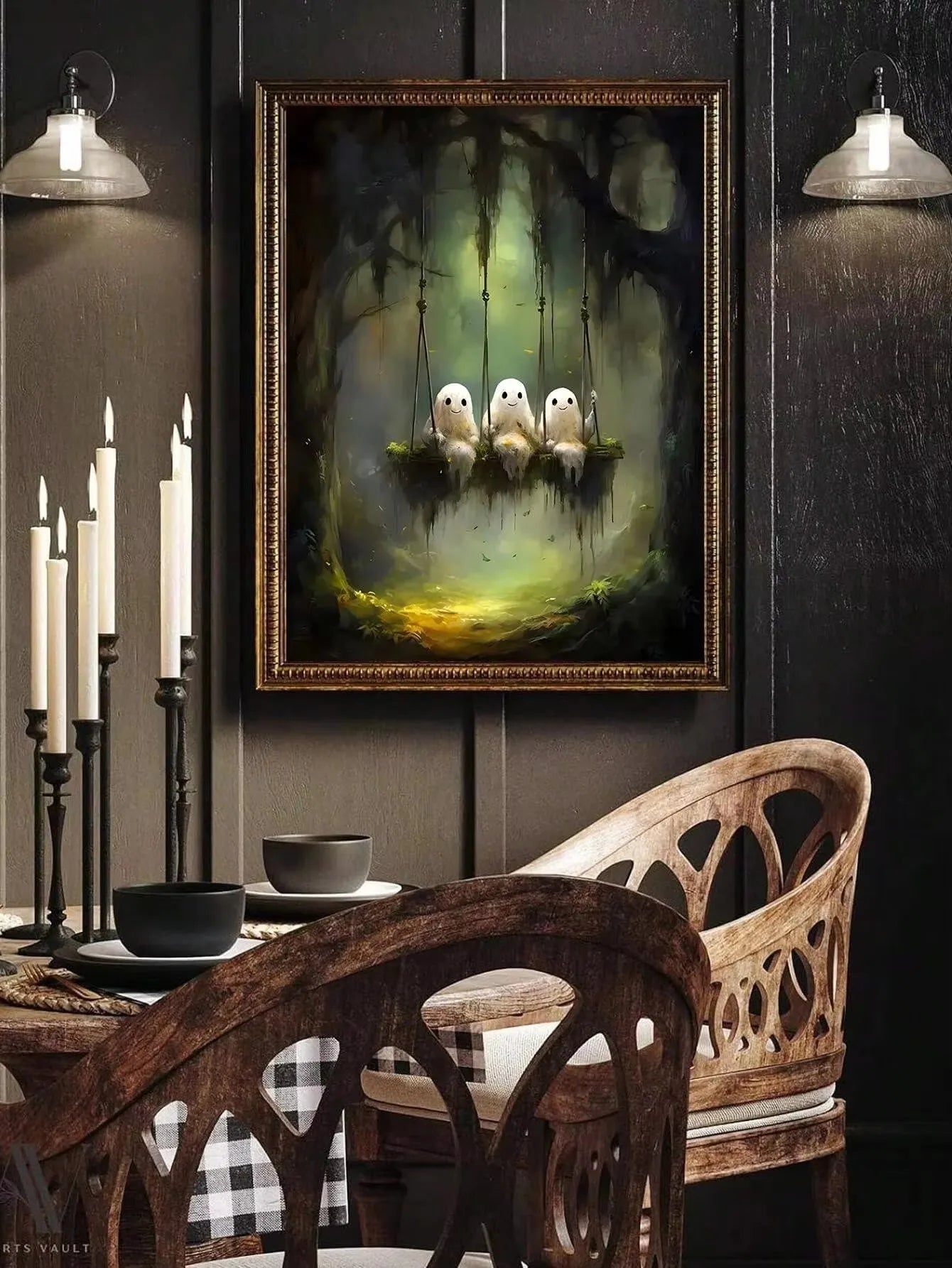Retro Cute Ghost Companion & Reads Book Canvas Prints Monster Holds Black Cat Wall Art Poster for Living Room Halloween Decor Peaceful Pleasures Health and Wellness ZLH5079 40x50cm No Frame