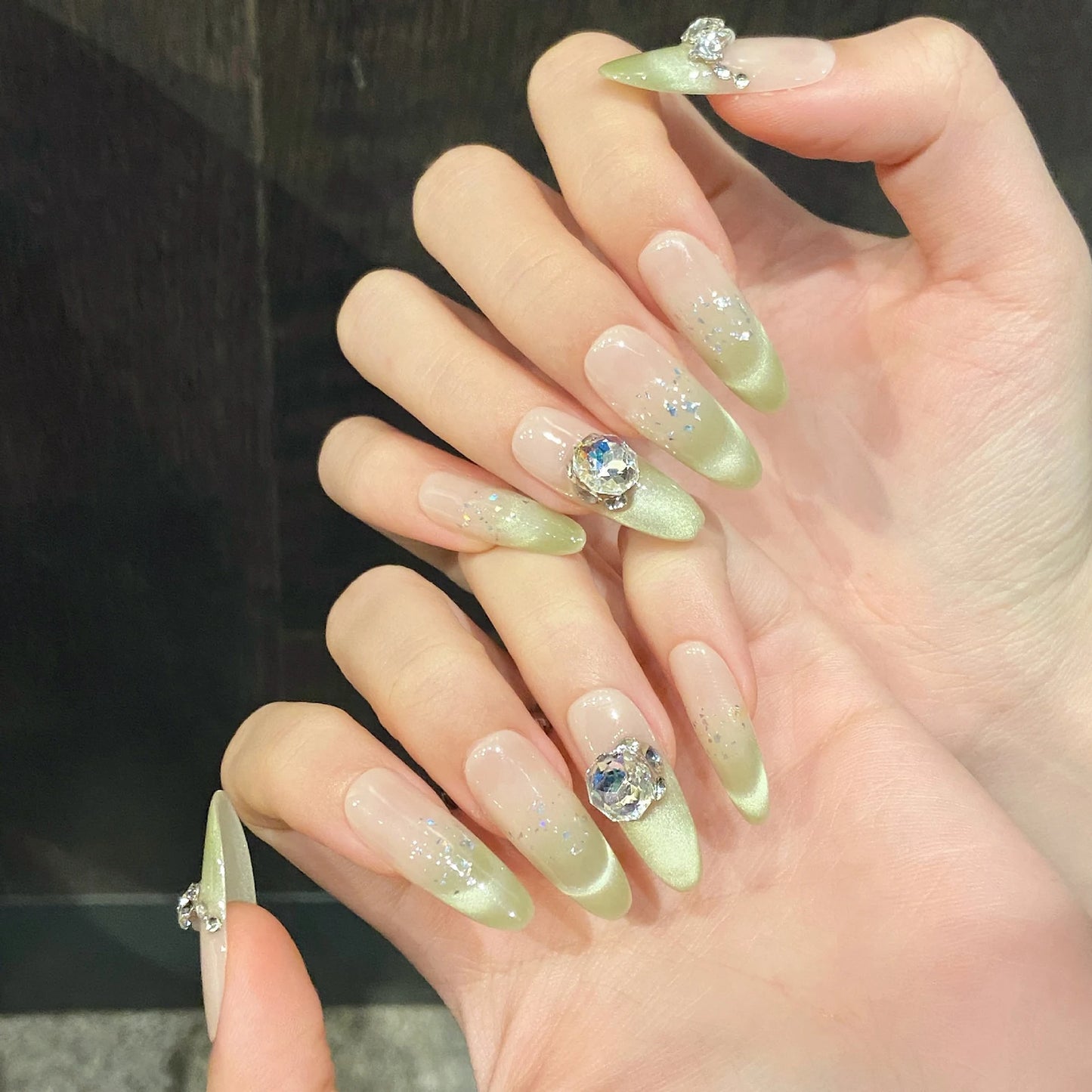 Press On Nails Matcha Green Cat Eye Rhinestones Long Oval 10pcs