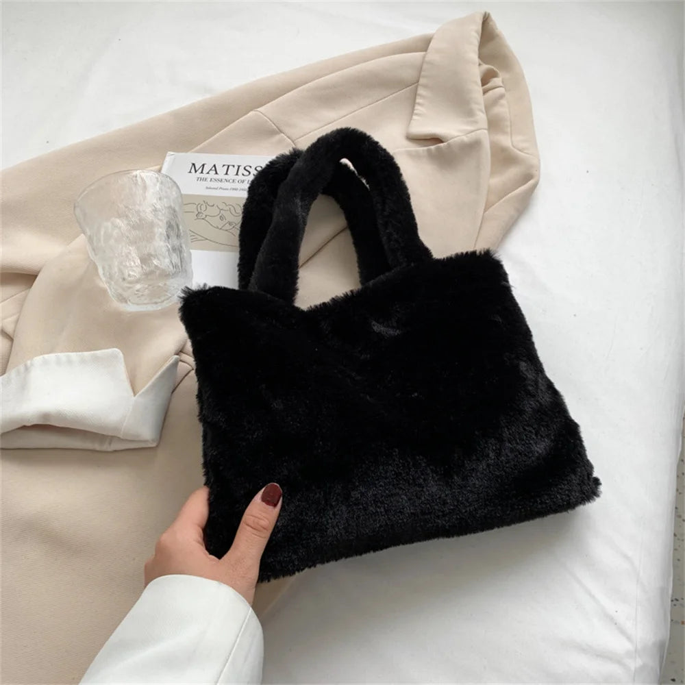 Soft Faux Fur Shoulder Bag Versatile Cute Tote Bag with Purses Female Handbags Women Fluffy Stylish Crossbody Small Square Bag Peaceful Pleasures Health and Wellness black