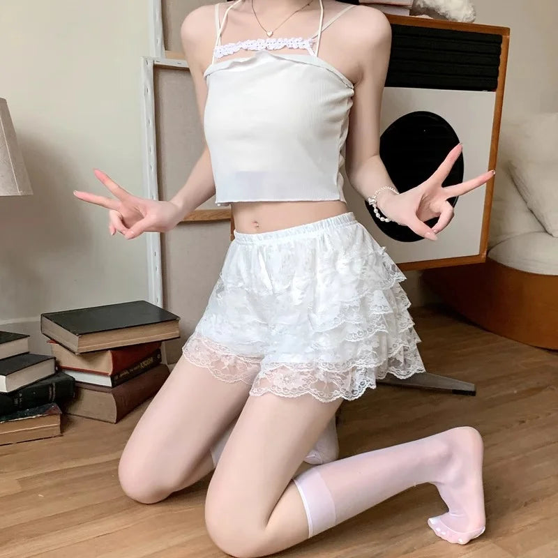 Women Lace Bloomers Shorts Lolita Ruffle Safety Pants High Waist Layered Petticoat Underpants Sweet Princess Summer Loose Fit Peaceful Pleasures Health and Wellness
