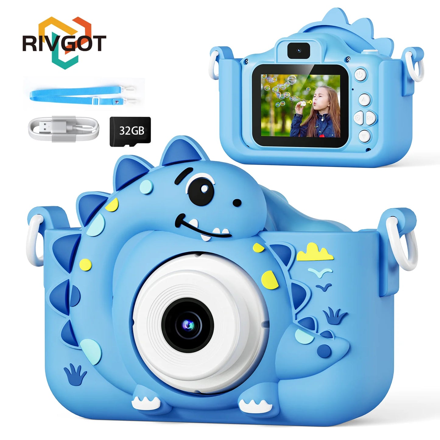 Kids Digital Camera with 32GB Card Dinosaur Mini Camera Toys 1080P HD Vlogging Photography Camera for Christmas Birthday Gifts Peaceful Pleasures Health and Wellness Blue