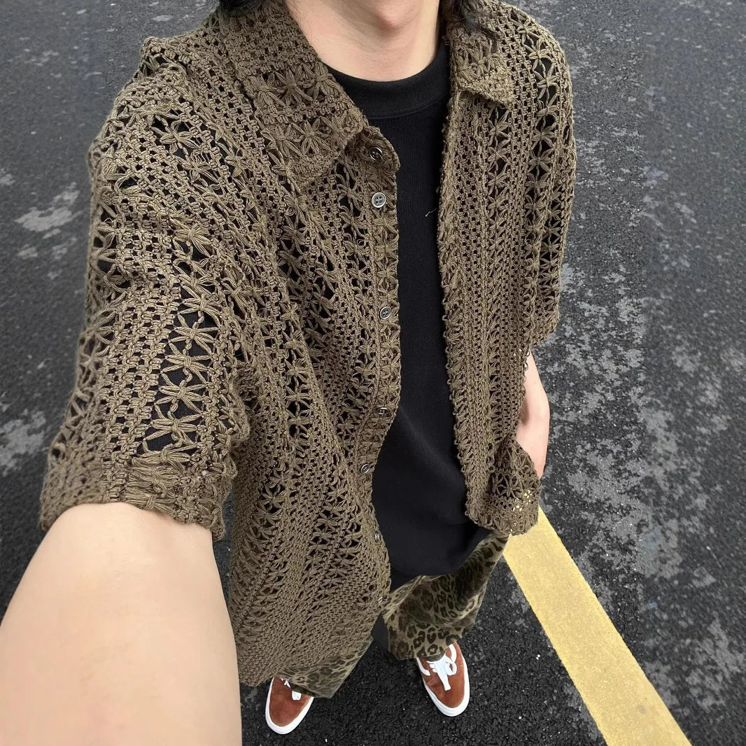 Men's Green Openwork Knit Shirt | Retro Short-Sleeve Summer Top