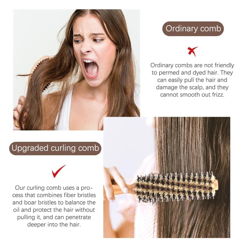 Styling Hairdressing Tool Hair Brush for Blow Drying and Curling All Hair Types Wooden Round Boar Bristle Salon Styling Tool Peaceful Pleasures Health and Wellness