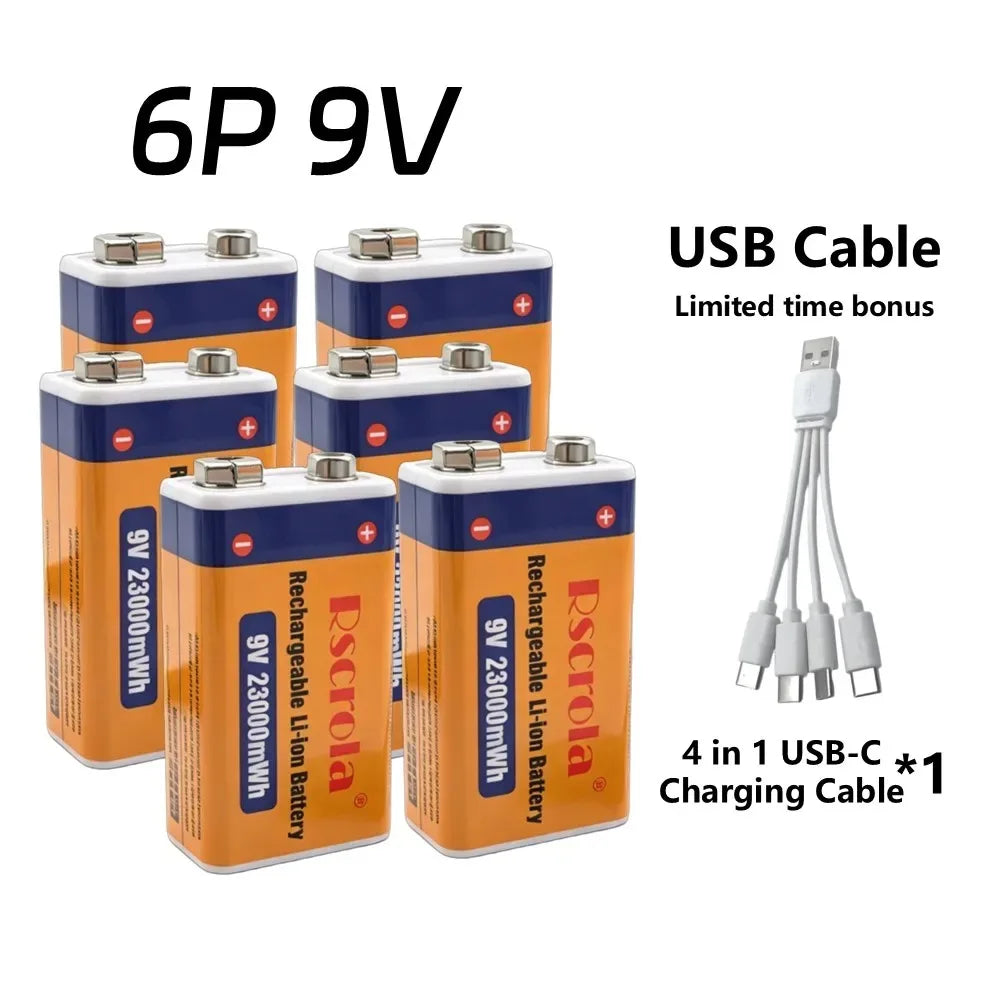 Rscrola 9V USB-C Rechargeable Battery 23600mWh Li-ion Constant Voltage for Guitar Pedal Smoke Detector Multimeter, Long Life Wit Peaceful Pleasures Health and Wellness 6 PCS Batteries 9v