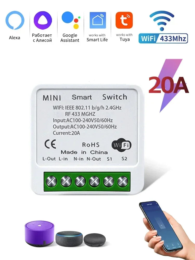 WiFi Smart Switch 16A 20A 433Mhz Receiver Breaker Tuya Smart Life App Remote Supports 2-way Control Works with Alexa Google Home Peaceful Pleasures Health and Wellness RF433Mhz WiFi 20A