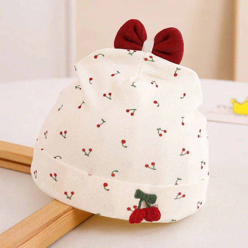 Newborn Baby Beanie | Red Bow Cherry Print Soft Cotton Cap 0-6M