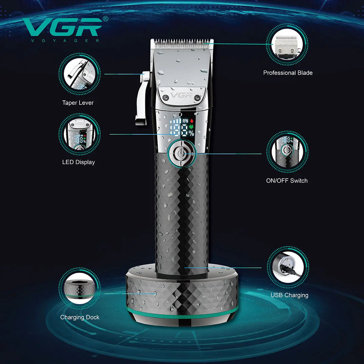 VGR V-682 Hot selling IPX7 waterproof professional hair cutting machine cordless hair trimmer rechargeable hair cipper for men Peaceful Pleasures Health and Wellness