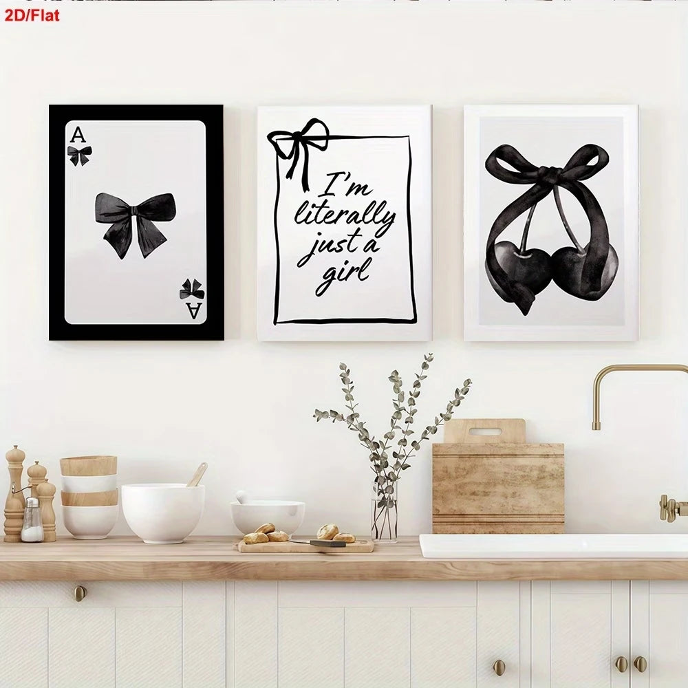 3-Piece Modern Black Bow Canvas Wall Art Print | Home Décor