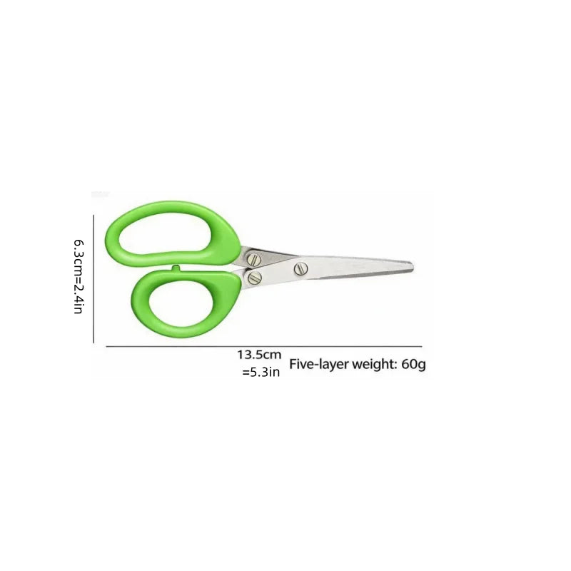 Multi-functional Stainless Steel 5 Layer Kitchen Scissors Pepper Shredded Chopped Scallion Cutter Laver Cut Cooking Tool Peaceful Pleasures Health and Wellness green