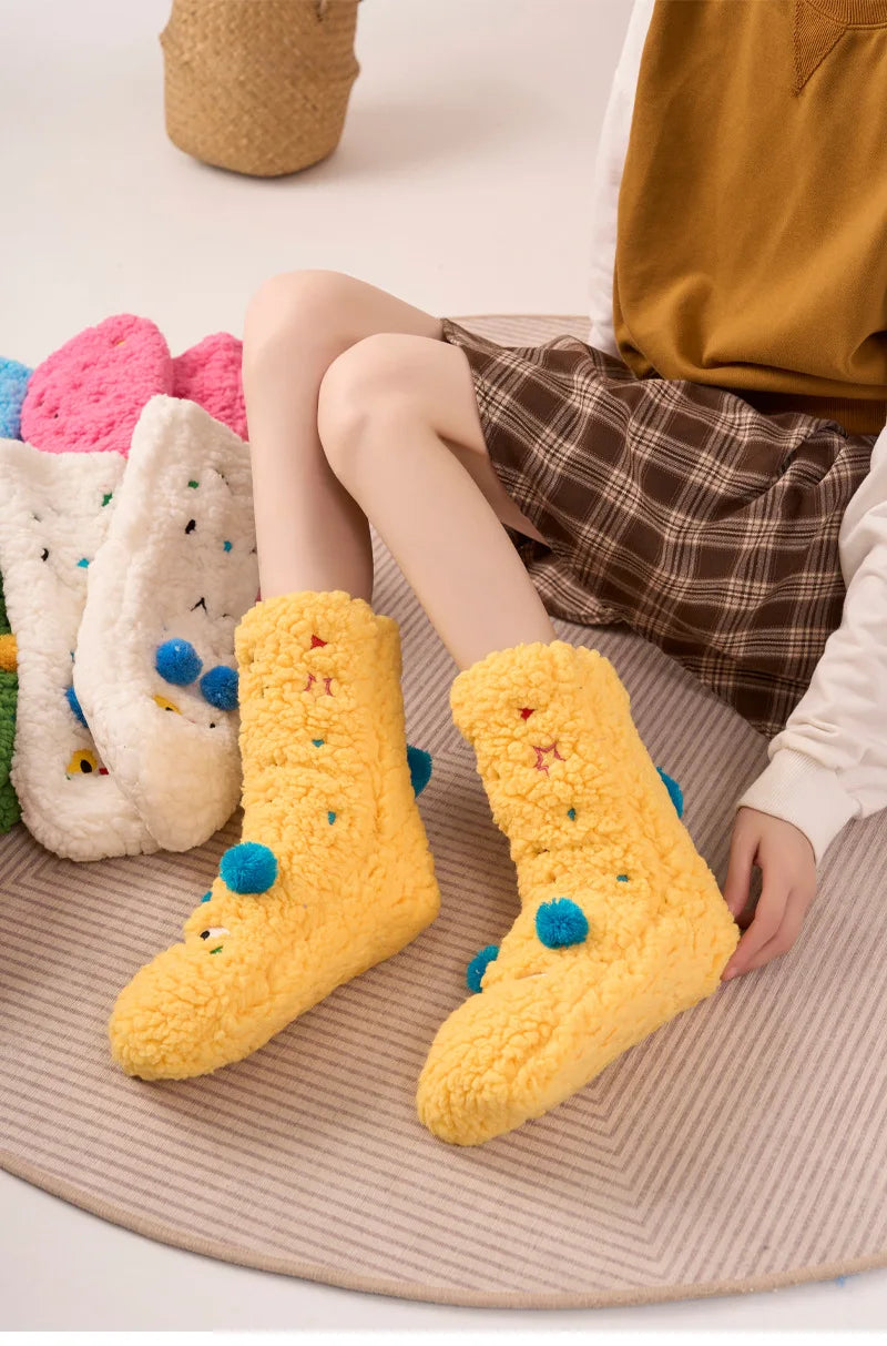 1 Pair Autumn And Winter Plush Floor Socks, Indoor Anti Slip Thick Warm Foot Socks, Family Bedroom Slippers And Sleeping Socks Peaceful Pleasures Health and Wellness YELLOW One Size