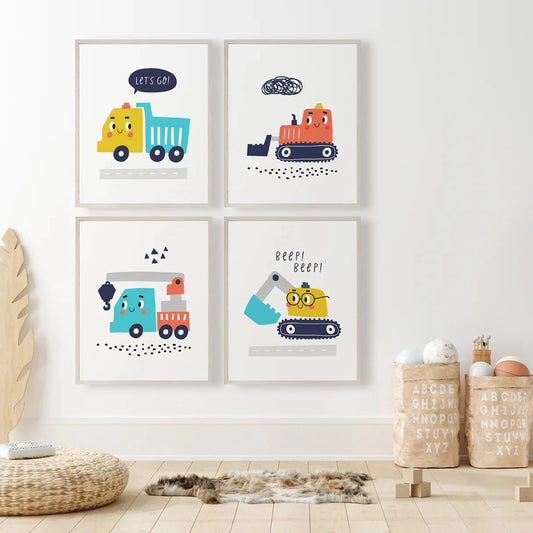 4-Piece Cartoon Construction Vehicles Canvas Wall Art | Kids Room Canvas Wall Art Set Peaceful Pleasures Health and Wellness G4448-4pcs 21x30cm Unframed
