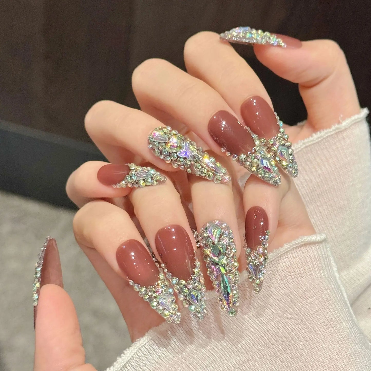 10pcs Rhinestones Handmade Press On Nails Long Pointed Fake Nails Colorful Full Diamond Decor Wearable French Flash False Nails Peaceful Pleasures Health and Wellness