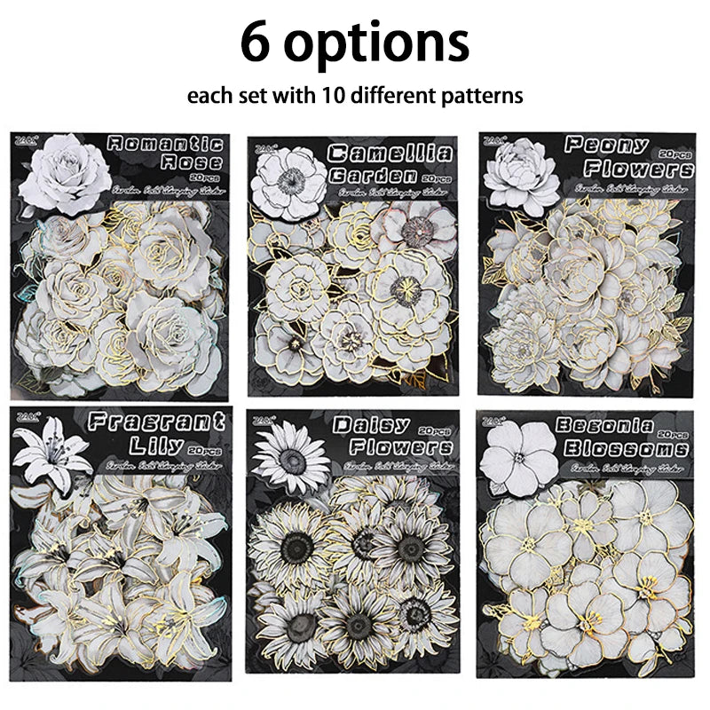 Black and White Flower Stickers with Gold Holographic Outlines, Glitter Shiny Waterproof Decals for Scrapbooking, Journal Peaceful Pleasures Health and Wellness MIX 12set