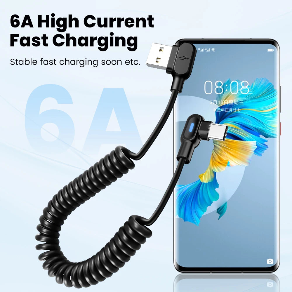 6A Fast Charging Coiled USB C Cable Dual Elbow Retractable Spring Type C Data Cord 1.5M Stretchable for iPhone Samsung Xiaomi Peaceful Pleasures Health and Wellness