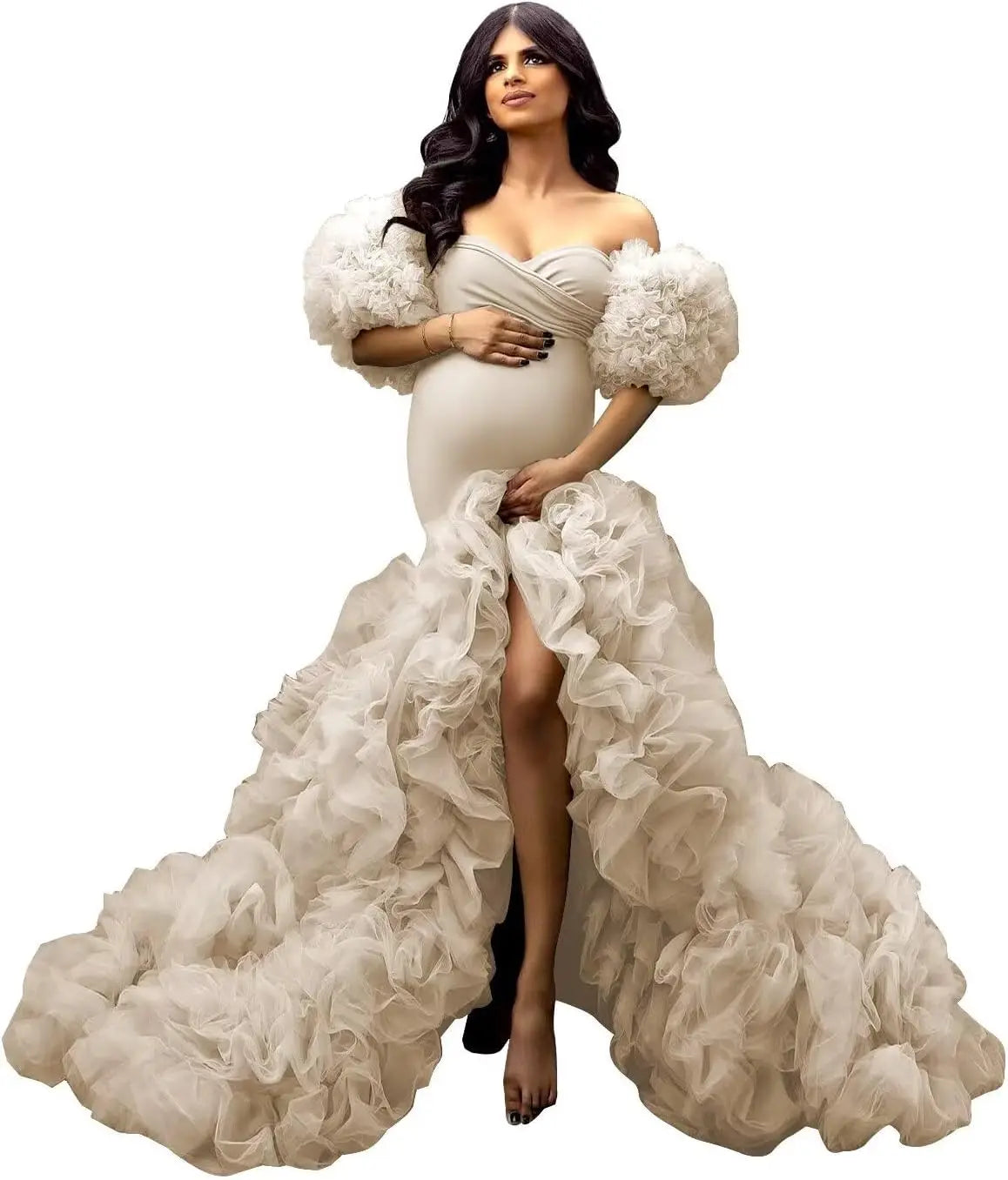 Soft Tulle Mermaid Maternity Gown - Off Shoulder Puffy Slit for Baby Shower & Pregnancy Photoshoot Dresses платье для беременных Peaceful Pleasures Health and Wellness Skin US 4
