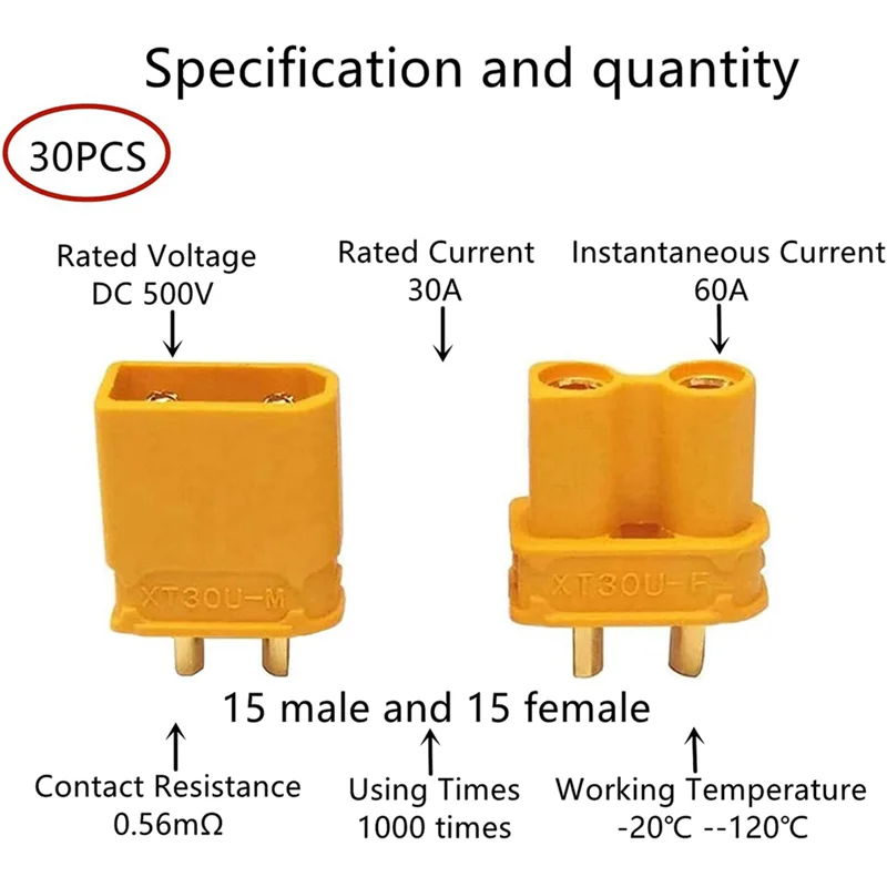 XT30U Battery Connectors 30 Pairs Male Female + Heat Shrink