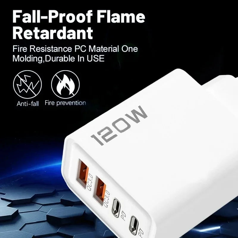 120W 4-Port USB-C Fast Charger | PD Quick Charge 3.0