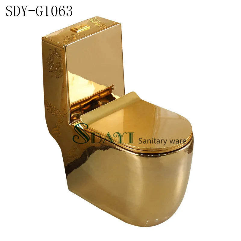 Gold One-Piece Ceramic Toilet | Dual-Flush Floor Mounted