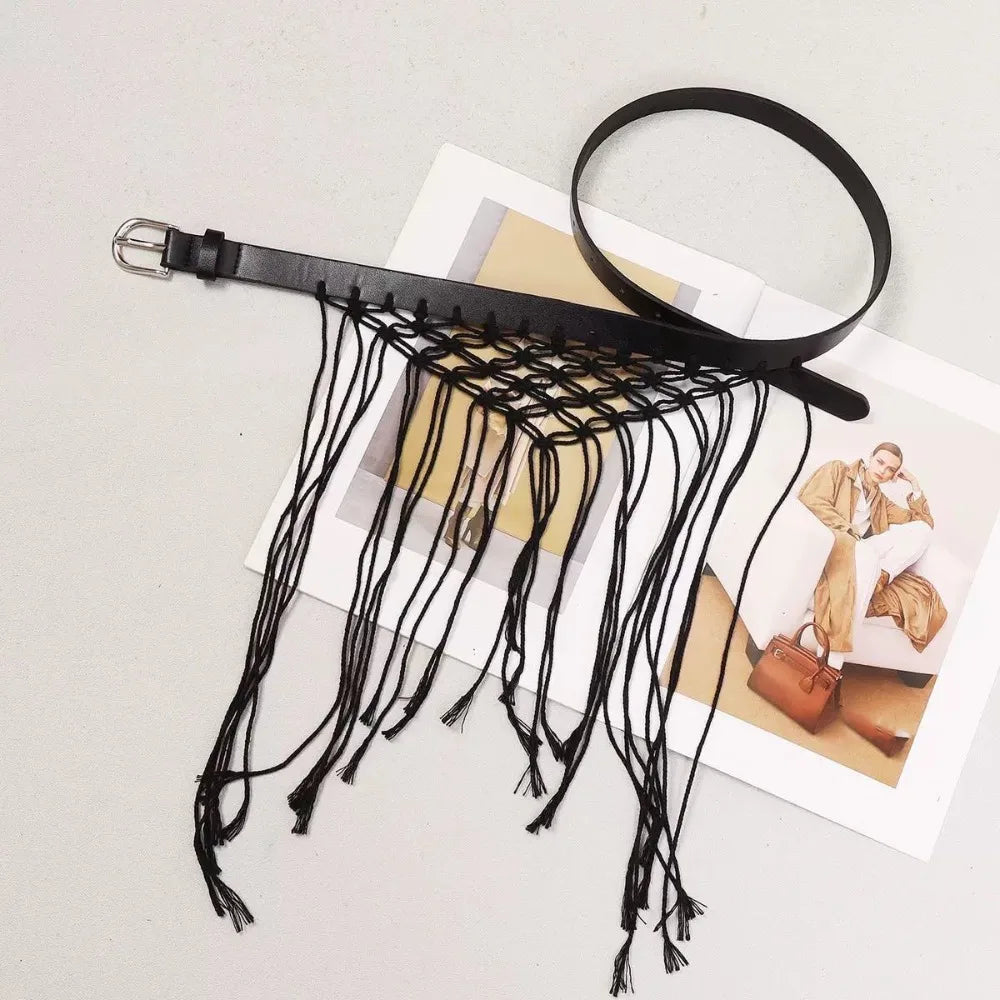 Y2K Boho Tassel Woven Belt | Retro Knit Rope Waistband Women