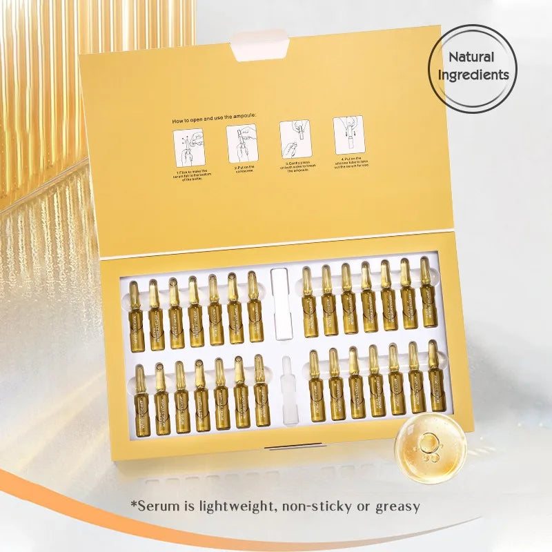 Set of gold ampoules in a yellow box with 'Natural Ingredients' label.