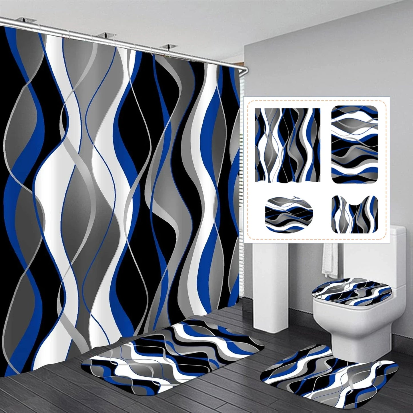 4pcs Set Doormat Shower Curtain with Non-Slip Rugs Toilet Seat Cover Bath Carpet Durable Waterproof Bathroom Home Entrance Decor Peaceful Pleasures Health and Wellness O