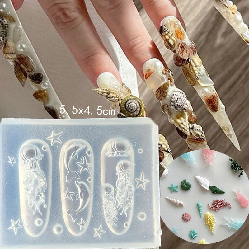 Ocean Series Silicone Mold for Nail Art 3D Starfish Jellyfish Sea Shell Conch Animal Motifs Manicure Stamping Tools Peaceful Pleasures Health and Wellness