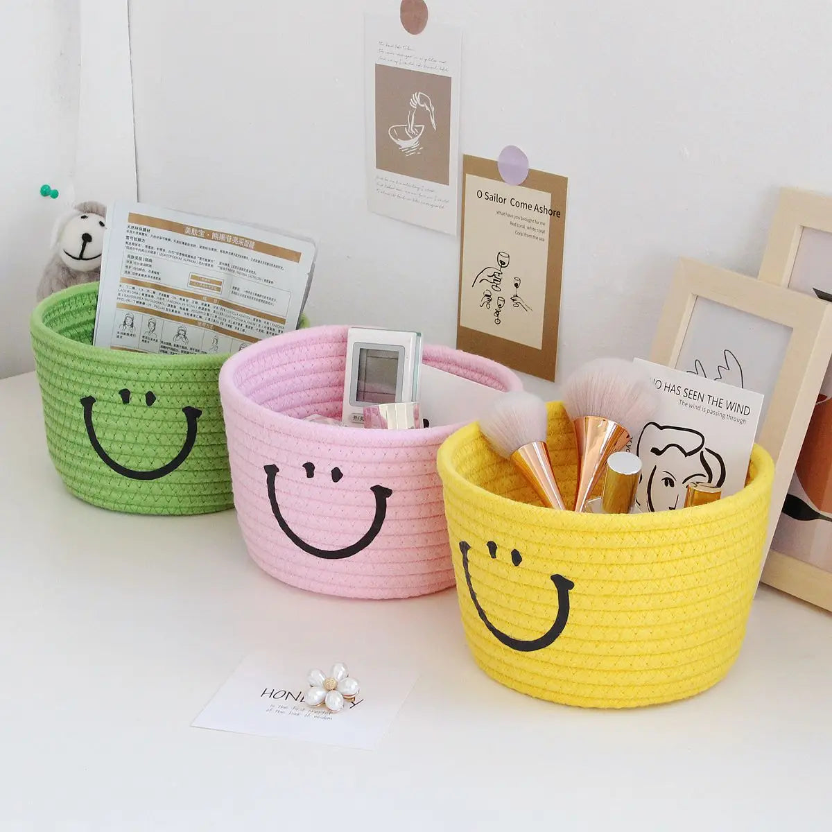 Smiley Face Desktop Storage Box Fabric Foldable Organizer for Remotes Stationery Mobiles Cosmetics Medicine Miscellaneous Items Peaceful Pleasures Health and Wellness
