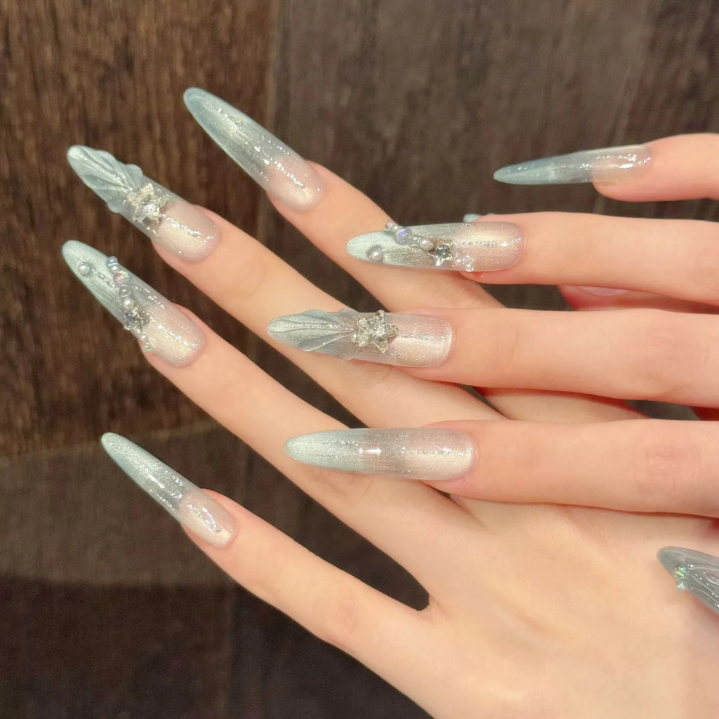 10pcs Handmade Blue Press on Nails Star Rhinestone Design Reusable Shiny Cat Eyes False Nails Round Head Fake Nail Tips Wearable Peaceful Pleasures Health and Wellness L 1