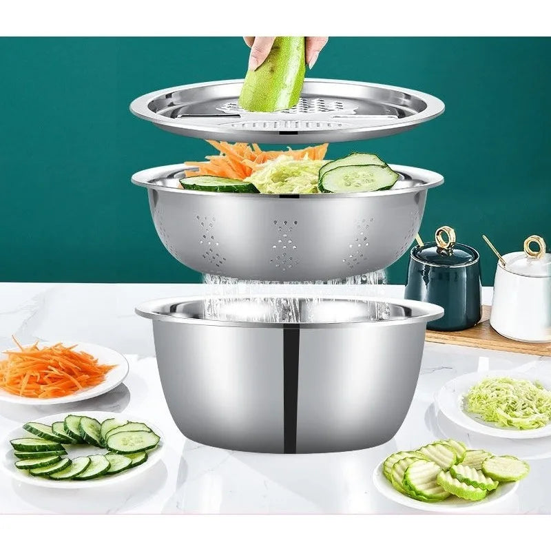 New 3pcs Stainless Steel Multi-Functional Kitchen Grater Set Draining Bowl with Vegetable Washing Mandoline Slicer for Potato Peaceful Pleasures Health and Wellness