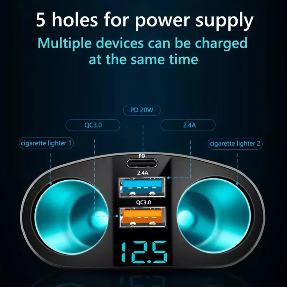 120W Car Charger USB-C QC3.0 Dual USB with LED Voltage Display