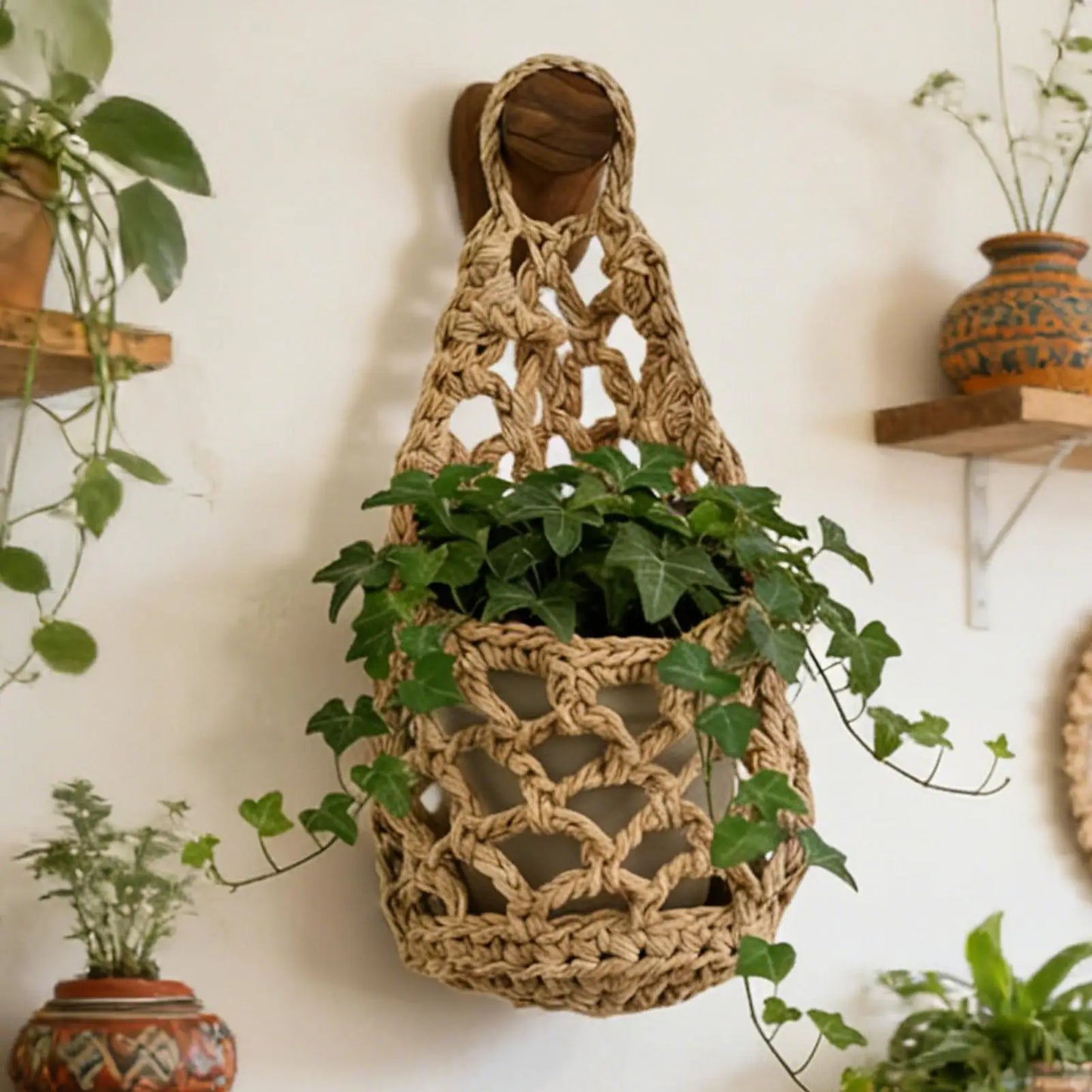 Boho Macrame Plant Hanger – Cotton Rope Woven Basket
