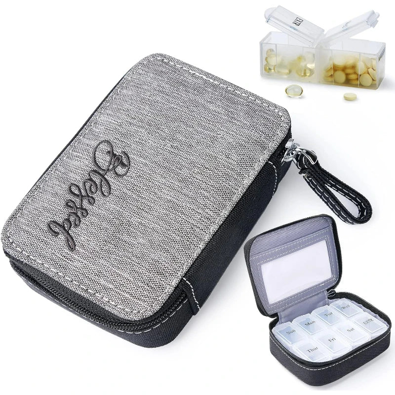 Pill Organizer Case, Weekly Pill Box for Vitamin and Supplement Holder, 7-Day Travel Organizer Medicine Case Peaceful Pleasures Health and Wellness Black with GRAY
