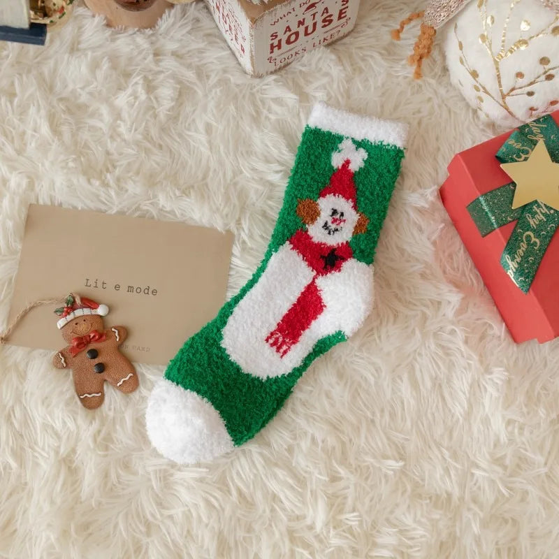 1 Pair of Coral Fleece Christmas Socks, Cute Elk Snowman Gift Socks, And Plush Mid Tube Men's And Women's Floor Sleeping Socks Peaceful Pleasures Health and Wellness Blue yellow One Size
