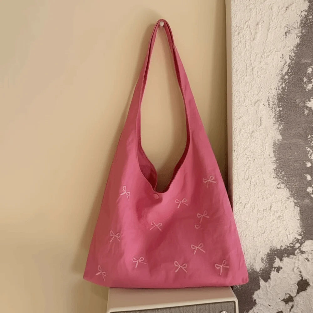 Bowknot Embroidered Canvas Tote Bag | Large Shoulder Handbag Canvas Tote Bag Peaceful Pleasures Health and Wellness Rose Red