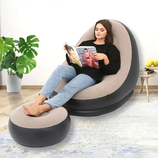 Lazy Inflatable Lounge Chair for Adults Folding Portable Lazy Sofa with Foot Stool Air Couch Sofa for Livingroom and Bedroom Peaceful Pleasures Health and Wellness