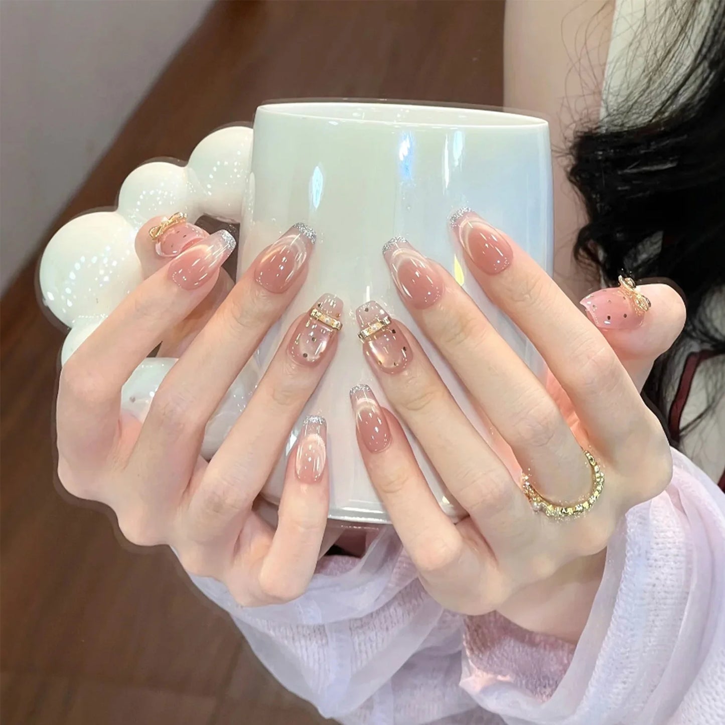 10PCS Handmade Cat's Eye Fake Nails Wearable Glitter French Tip Press on Nails 3D Metal Bow Decor Ballet False Nails Detachable Peaceful Pleasures Health and Wellness