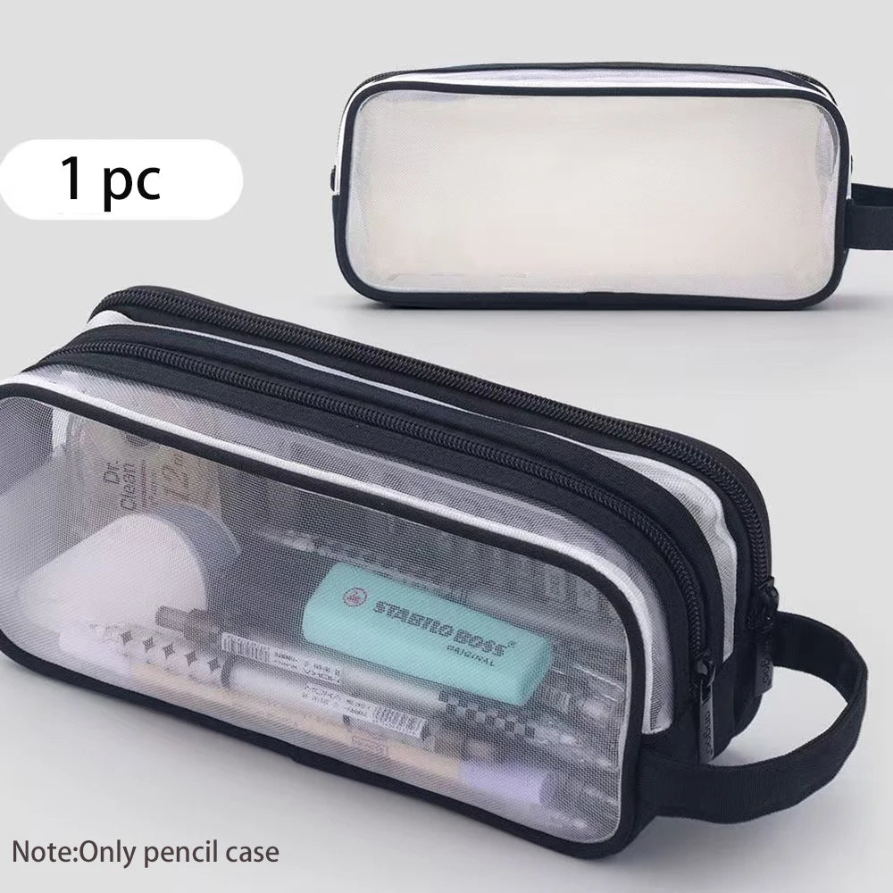 Mesh Double-layer Pencil Case Large Capacity Student Creative Simple