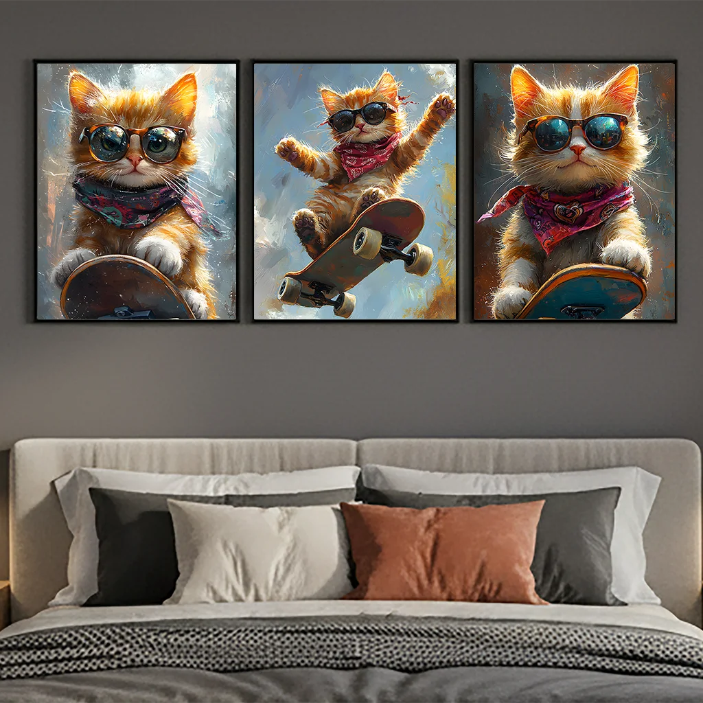 Animal Wall Art, Nordic Cool Skateboard Cat Street Style Canvas Painting, Trendy Poster Print for Bedroom Living Room Wall Decor Peaceful Pleasures Health and Wellness