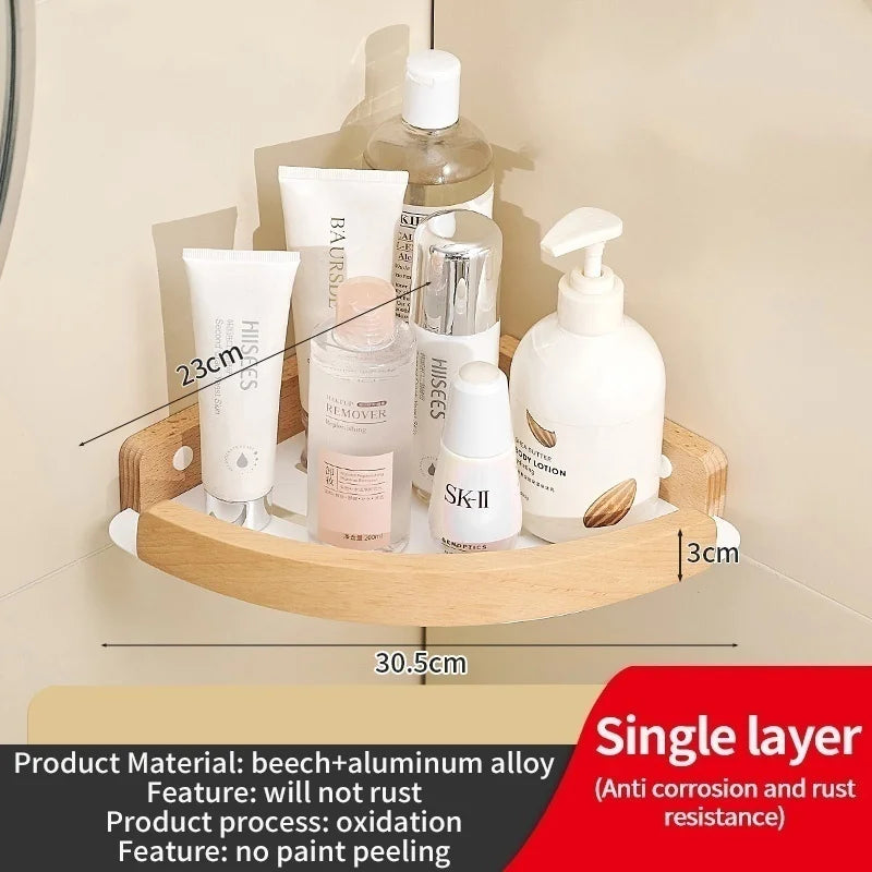 Wood & Aluminum Corner Shower Shelf | Bathroom Wall Organizer