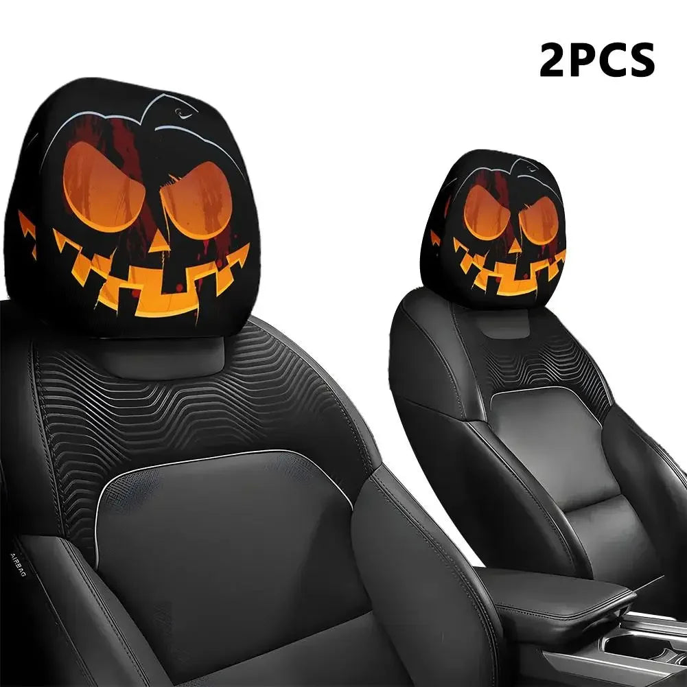 2pcs Halloween Decoration Black Skull Car Print Headrest Cover Universal Stretchy Spooky Fun Universal Head Cover Auto Parts Peaceful Pleasures Health and Wellness 2pcs D