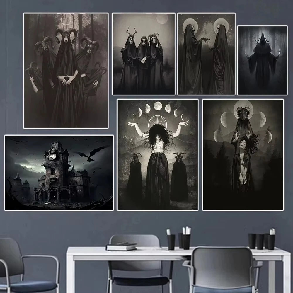 AA Dark Academia Art Black Death Poster Prints For Living Room Home Decor Nordic Gothic Horror Witch Canvas Painting Wall Art Peaceful Pleasures Health and Wellness