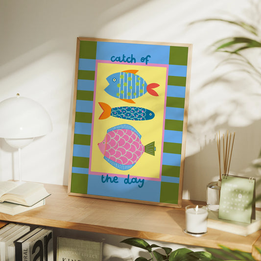 Modern Catch Of The Day With Funny Fishes Wall Art Print Canvas Painting Poster Picture For Living Room,Bedroom Home Decor Peaceful Pleasures Health and Wellness G4814 30x40cm Unframed