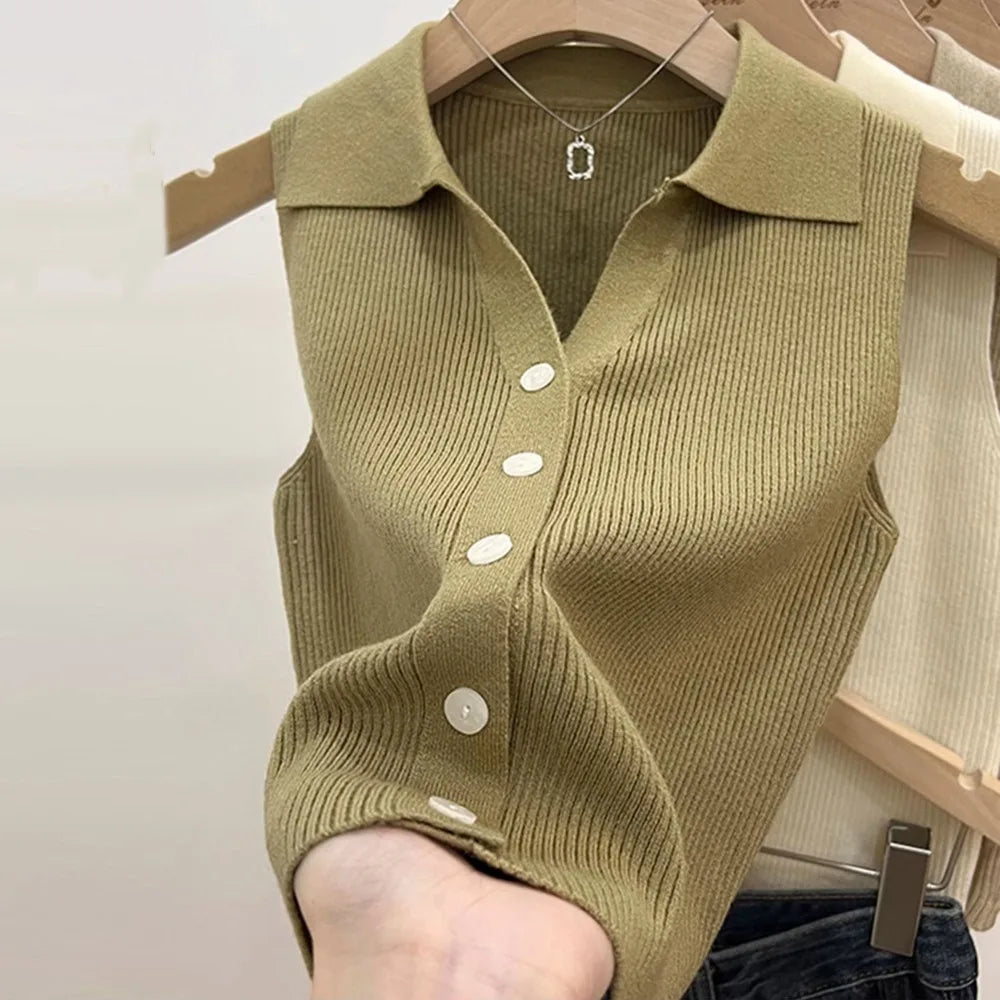 Women's Polo Collar Knit Vest – Slim Fit Sleeveless Camisole