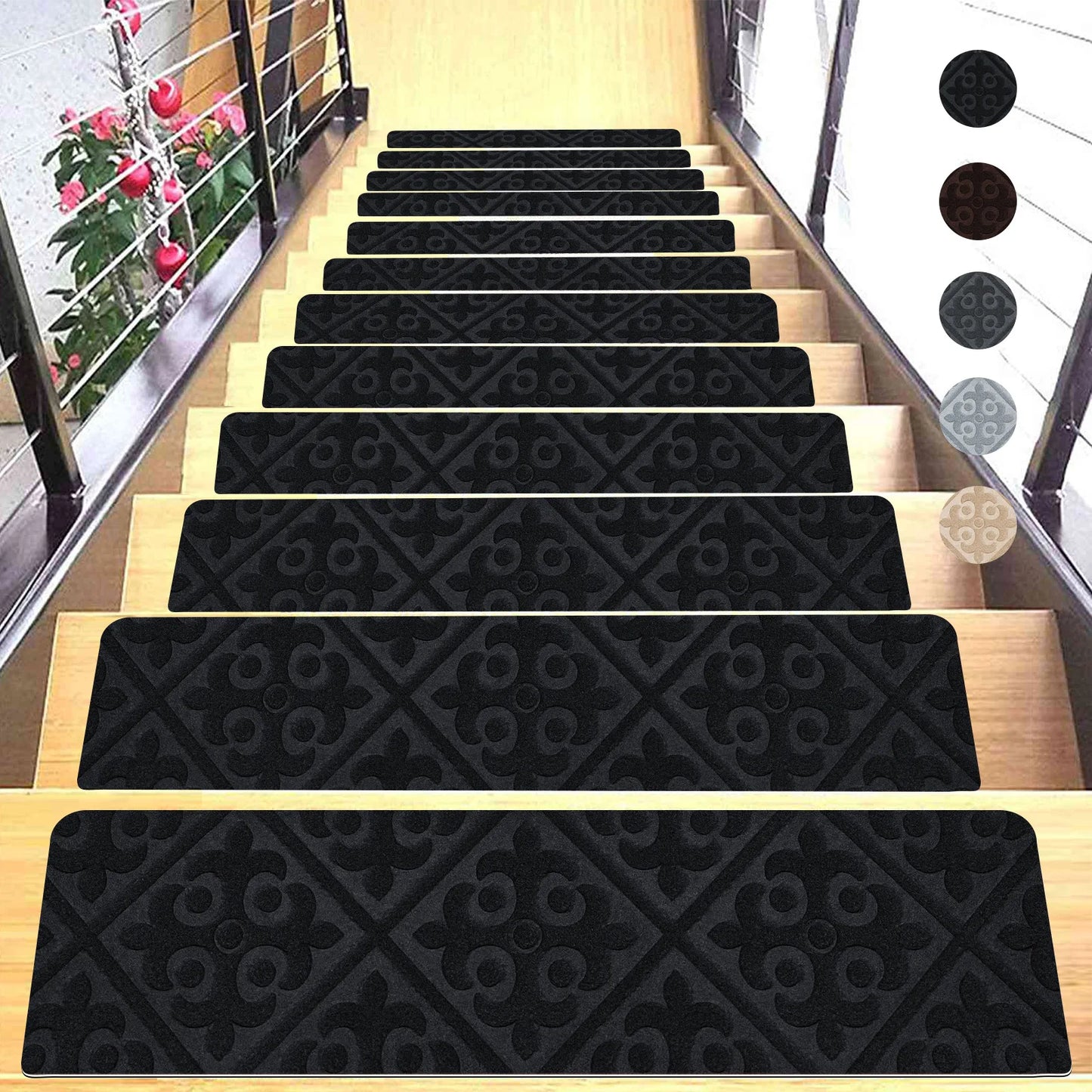 Non-Slip Staircase Mat Stair Carpet Treads Stair Pads Rug Tread Safety for Kids Elders and Dogs Home Hospistal Indoor Use Peaceful Pleasures Health and Wellness Style A Black 20W 76L cm 1pc