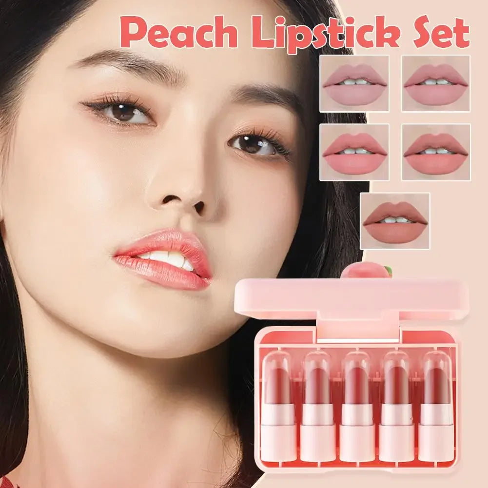 5Pcs Mini Lip Gloss Lipstick Makeup Gift Peach Lipstick Lip Tint Set Cute Matte Lipsticks Waterproof Long-lasting Non Stick Cup Peaceful Pleasures Health and Wellness