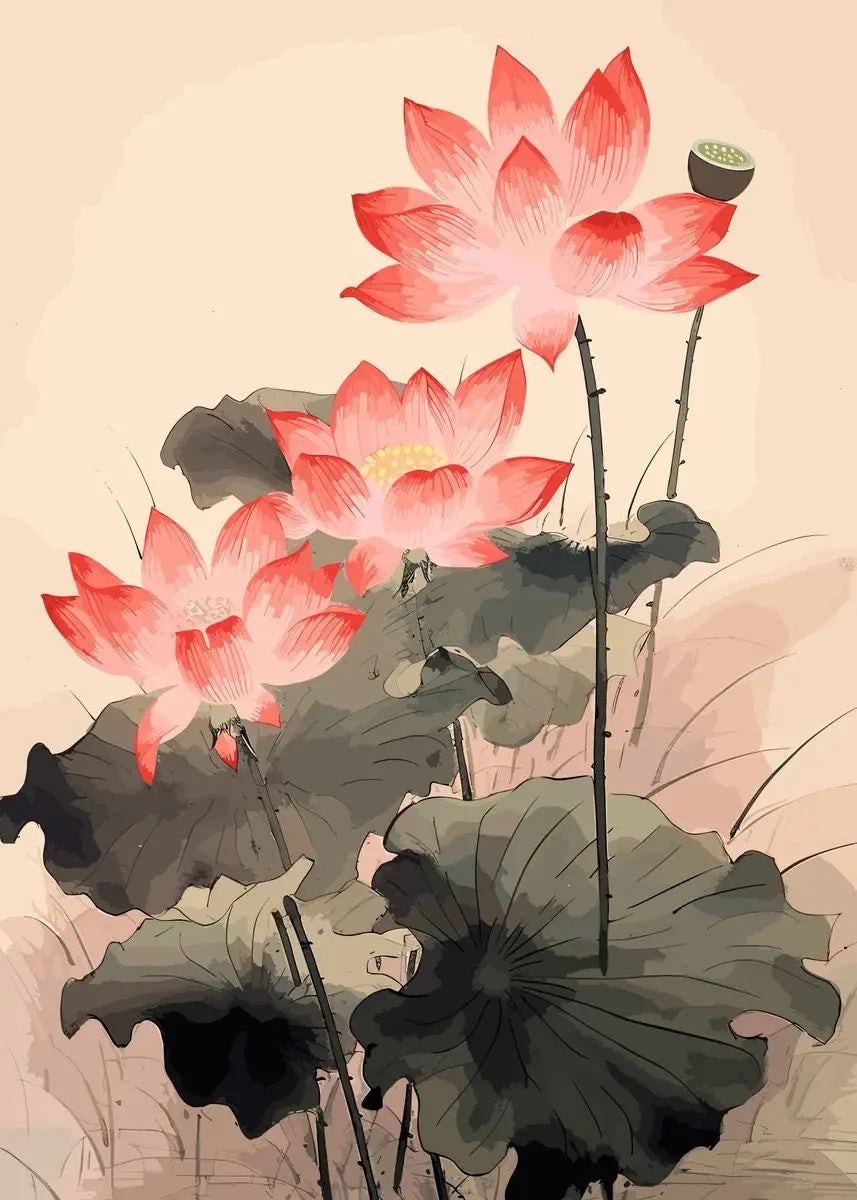 Chinese Lotus Flower Canvas Wall Art Print | Unframed Poster