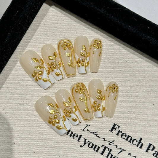 Gold Flower French Press-On Nails | Long Coffin False Nail Set Press-On Nail Set Peaceful Pleasures Health and Wellness L