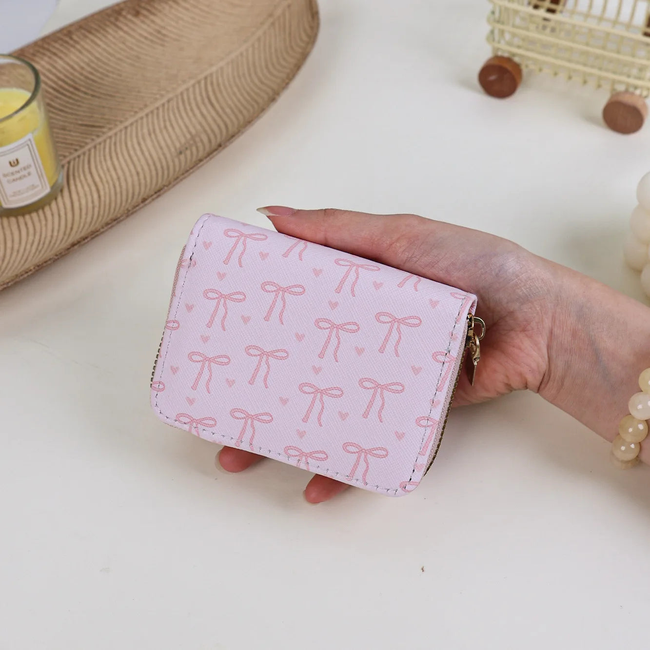 Korean style Multi-slots Zipper Mini Coin Purse Pink Sweet Bowknot Card Holder Women Girls PU Leather Portable Travel Wallet Peaceful Pleasures Health and Wellness light pink